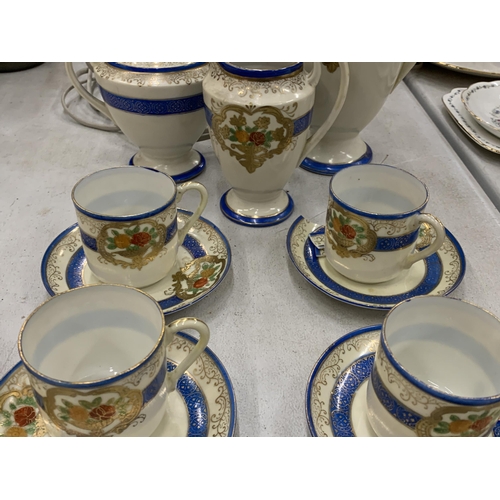 228 - A CHINESE HANDPAINTED COFFEE SET TO INCLUDE A COFFEE POT, SUGAR BOWL, CREAM JUG AND SIX CUPS AND SAU... 