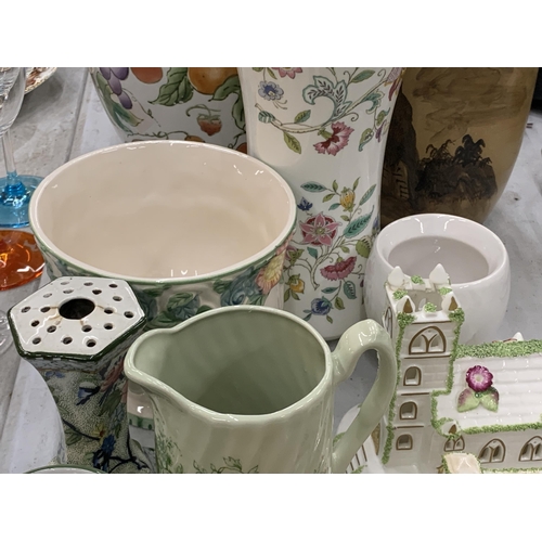 232 - A MIXED CERAMIC LOT TO INCLUDE A LARGE MINTON 'HADDON HALL' VASE, OTHER VASES, JUGS, TWO COALPORT HO... 