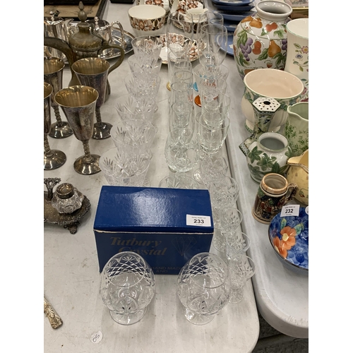 233 - A LARGE QUANTITY OF GLASSES TO INCLUDE A PAIR OF BOXED TUTBURY CRYSTAL BRANDY GLASSES, WINE, CHAMPAG... 