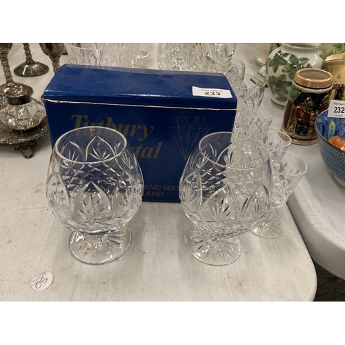 233 - A LARGE QUANTITY OF GLASSES TO INCLUDE A PAIR OF BOXED TUTBURY CRYSTAL BRANDY GLASSES, WINE, CHAMPAG... 