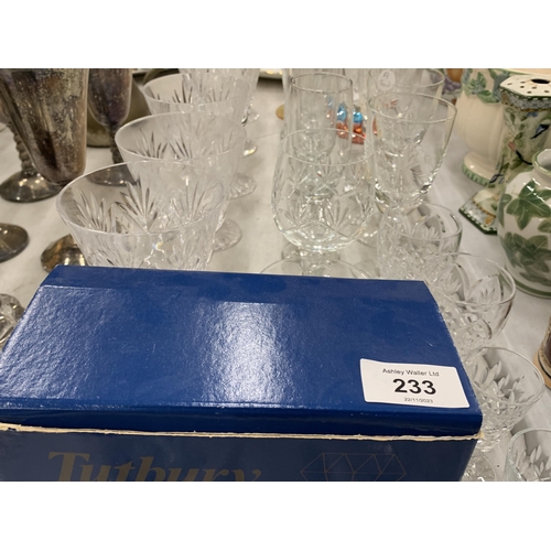 233 - A LARGE QUANTITY OF GLASSES TO INCLUDE A PAIR OF BOXED TUTBURY CRYSTAL BRANDY GLASSES, WINE, CHAMPAG... 