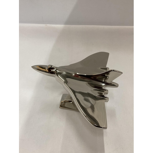 804 - A CHROME MODEL OF A VULCAN BOMBER ON A STAND, HEIGHT 14CM