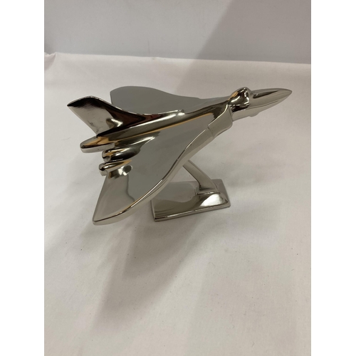 804 - A CHROME MODEL OF A VULCAN BOMBER ON A STAND, HEIGHT 14CM