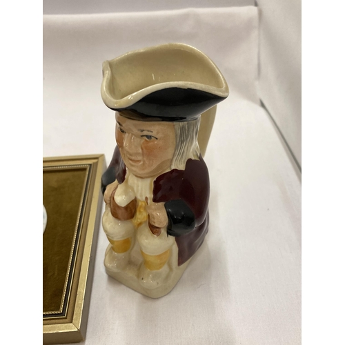 809 - A VIINTAGE 1960'S WOODEN ICE BUCKET, A TONY WOOD TOBY JUG PLUS A FRAMED COALPORT CERAMIC PLAQUE