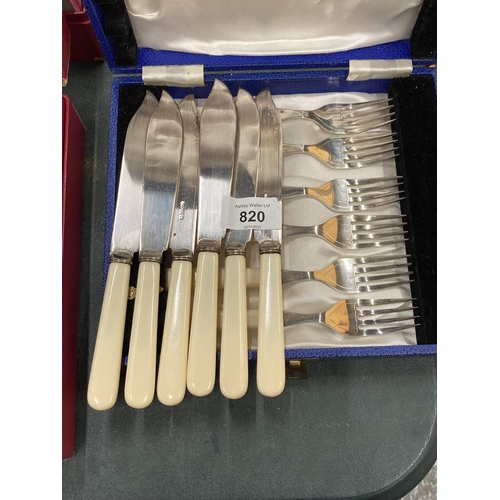 820 - A VINTAGE CASED SET OF SIX FISH KNIVES AND FORKS PLUS A VINTAGE BRASS SPRAYER