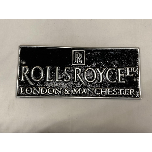 821 - A BLACK AND CHROME ROLLS-ROYCE LONDON AND MANCHESTER SIGN, 15CM X 11CM