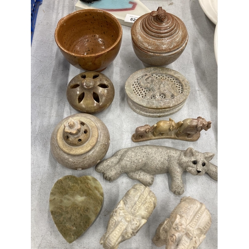 827 - A COLLECTION OF STONEWARE ITEMS TO INCLUDE ELEPHANTS, CATS, TRINKET DISHES, LIDDED POTS, ETC