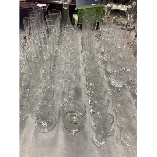 835 - A VERY LARGE QUANTITY OF GLASSES, SOME CUT GLASS, TO INCLUDE CHAMPAGNE FLUTES, WINE, SHERRY, PORT, B... 