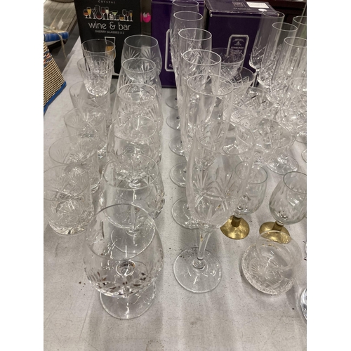 835 - A VERY LARGE QUANTITY OF GLASSES, SOME CUT GLASS, TO INCLUDE CHAMPAGNE FLUTES, WINE, SHERRY, PORT, B... 