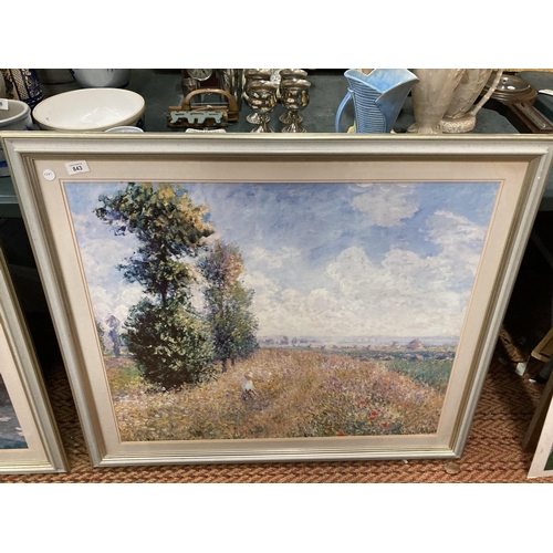 843 - A LARGE FRAMED CLAUDE MONET PRINT 'SUMMERFIELD', 100CM X 86CM