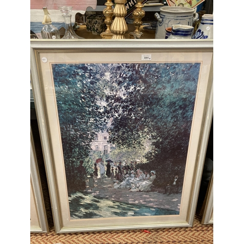 844 - A LARGE FRAMED CLAUDE MONET PRINT 'PARISIANS IN THE PARC', 67CM X 99CM