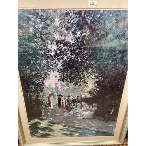 844 - A LARGE FRAMED CLAUDE MONET PRINT 'PARISIANS IN THE PARC', 67CM X 99CM