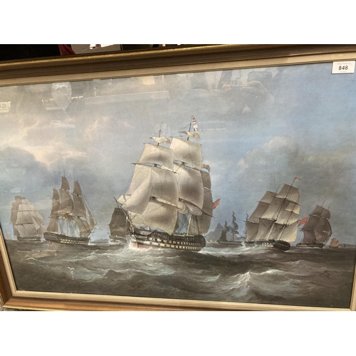 848 - A LARGE PRINT OF ROYAL NAVY WAR SHIPS, 95CM X 64CM