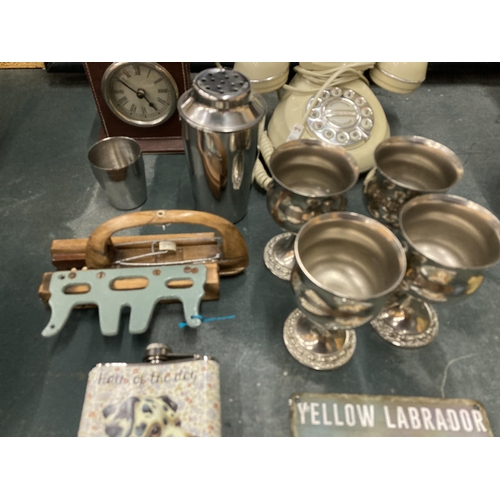 859 - A MIXED LOT TO INCLUDE SILVER PLATED GOBLETS, HIP FLASKS, A VINTAGE STYLE TELEPHONE, COCKTAIL SHAKER... 