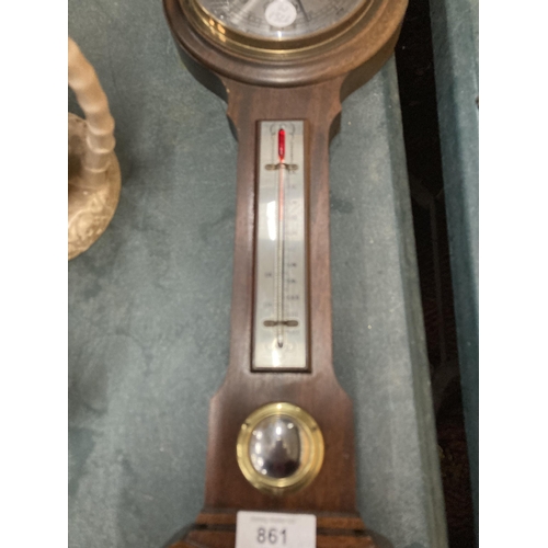 861 - A WOODEN CASED BAROMETER WITH THERMOMETER