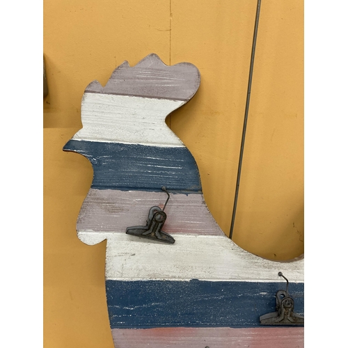 882 - A WOODEN COCKEREL WALL CLIPBOARD, 80CM X 75CM