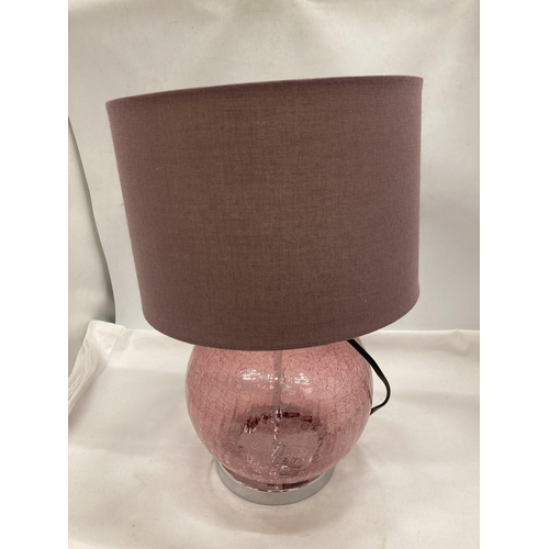 887 - A CRACKLE GLASS LAMP IN PURPLE WITH SHADE