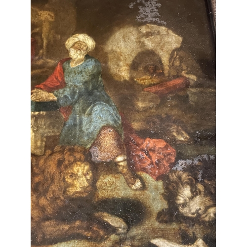 88 - A CIRCA 19TH CENTURY, FRAMED CANVAS PRINT OF A MAN WITH LIONS