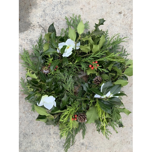 108 - FIVE CHRISTMAS WREATHS WITH CHRISTMAS ROSES, CONES AND BERRIES + VAT. TO BE SOLD FOR THE FIVE