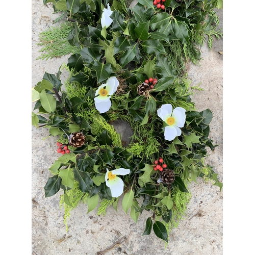 109 - FIVE CHRISTMAS WREATHS WITH CHRISTMAS ROSES, CONES AND BERRIES + VAT. TO BE SOLD FOR THE FIVE