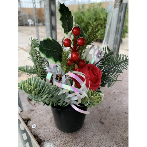 114 - SIXTEEN GRAVE POTS WITH FIR, HOLLY CONES AND RIBBON + VAT TO BE SOLD FOR THE FIVE