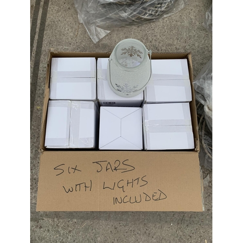 163 - SIX AS NEW AND BOXED 15CM FROSTED SNOWFLAKE JARS WITH TEN WARM WHITE COPPER WIRE LEDS BATTERY OPERAT... 