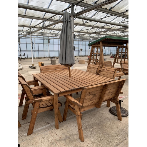 191 - AN AS NEW EX DISPLAY CHARLES TAYLOR EIGHT SEATER TABLE WITH TWO 2 SEATER BENCHES, FOUR CHAIRS, PARAS... 