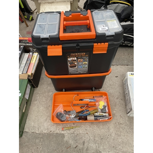 1851 - A TWO WHEELED STACKING TOOL BOX AND AN ASSORTMENT OF TOOLS TO INCLUDE PLIERS AND HAMMERS ETC