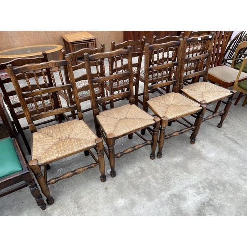 A SET OF FOUR LANCASHIRE STYLE SPINDLE BACK DINING CHAIRS, WITH RUSH SEATS