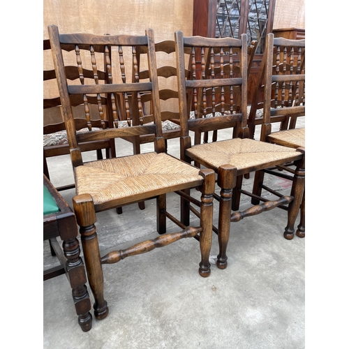 A SET OF FOUR LANCASHIRE STYLE SPINDLE BACK DINING CHAIRS, WITH RUSH SEATS