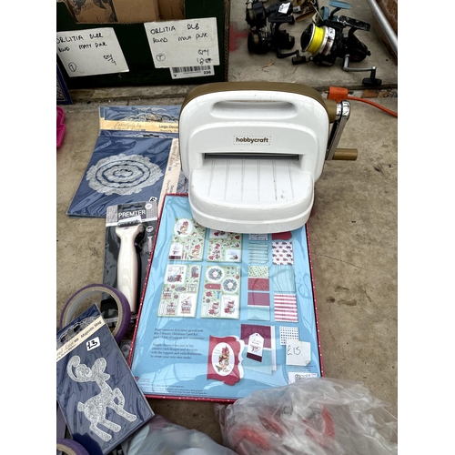 A LARGE ASSORTMENT OF CRAFTING ITEMS TO INCLUDE PAPER, STICKERS AND A HOBBYCRAFT PRINTER ROLLER ETC