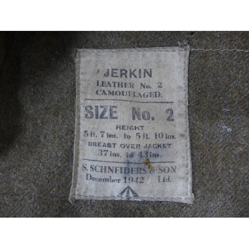 421 - A WORLD WAR II BRITISH ARMY LEATHER JERKIN DATED DECEMBER 1942