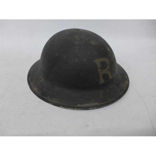 423 - A RARE WORLD WAR II BRITISH HOME GUARD RESCUE METAL HELMET, COMPLETE WITH LINER