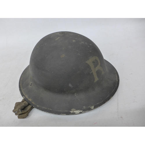 423 - A RARE WORLD WAR II BRITISH HOME GUARD RESCUE METAL HELMET, COMPLETE WITH LINER