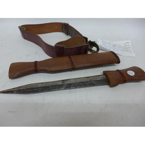 441 - A KENYAN MAU MAU KNIFE, CIRCA 1952, 27CM DOUBLE EDGE BLADE, WOODEN GRIP AND SCABBARD, BRITISH SOUTH ... 