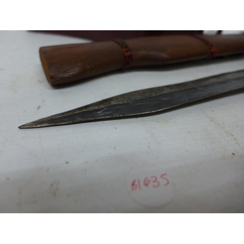 441 - A KENYAN MAU MAU KNIFE, CIRCA 1952, 27CM DOUBLE EDGE BLADE, WOODEN GRIP AND SCABBARD, BRITISH SOUTH ... 