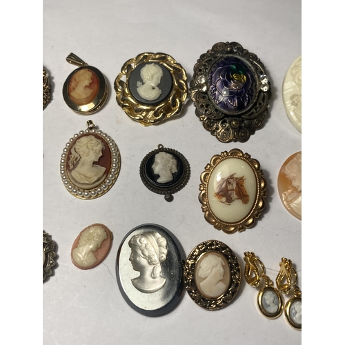 689 - VARIOUS CAMEO ITEMS TO INCLUDE BROOCHES, SCARF RINGS, EARRINGS AND FURTHE ITEMS