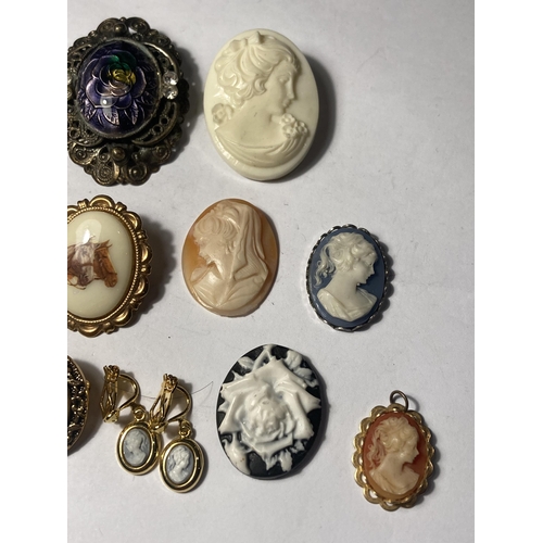 689 - VARIOUS CAMEO ITEMS TO INCLUDE BROOCHES, SCARF RINGS, EARRINGS AND FURTHE ITEMS