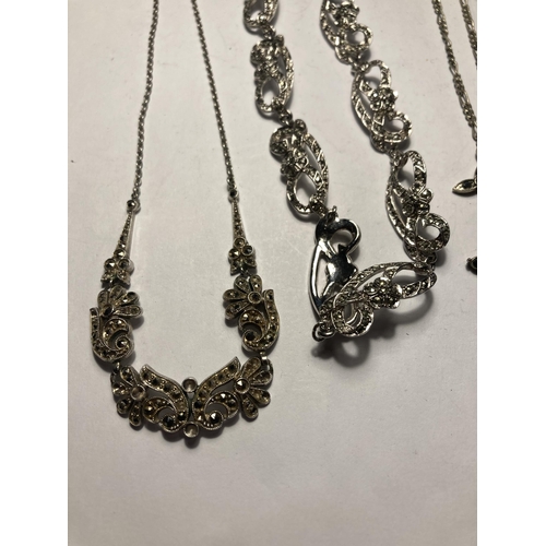 695 - VARIOUS ITEMS OF MARCASITE STYLE JEWELLERY TO INCLUDE THREE NECKLACES, A BRACELET, RING AND EARRINGS