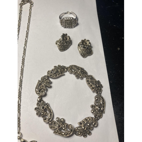 695 - VARIOUS ITEMS OF MARCASITE STYLE JEWELLERY TO INCLUDE THREE NECKLACES, A BRACELET, RING AND EARRINGS