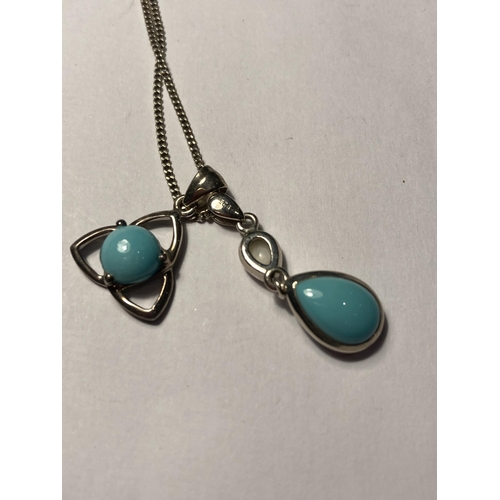 707 - A MARKED SILVER CHAIN (NO CLASP) AND TWO SILVER AND TURQUOISE STONE PENDANTS