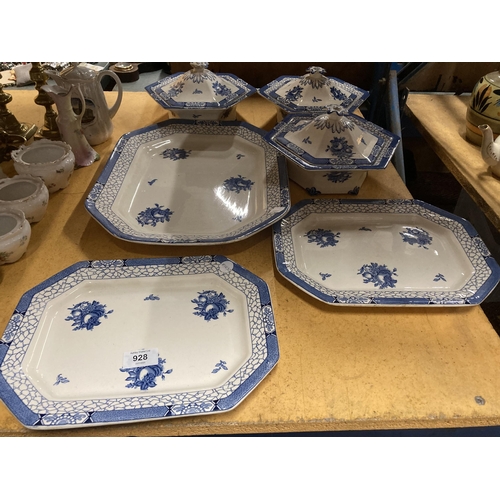 928 - A QUANTITY OF ADAMS 'JULIET' BLUE AND WHITE DINNERWARE TO INLUDE SERVING PLATTERS AND THREE LIDDED T... 