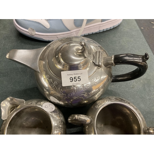 955 - A VINTAGE PEWTER TEASET TO INCLUDE A TEAPOT, CREAM JUG AND SUGAR BOWL