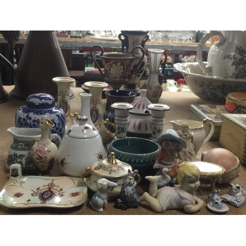 976 - A LARGE LOT OF ASSORTED CERAMICS TO INCLUDE JAPANESE BLUE AND WHITE GINGER JAR, FIGURES, POOLE ETC