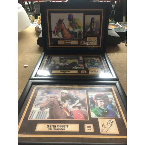 981 - A GROUP OF FRAMED HORSE RACING LIMITED EDITION SIGNED PHOTOS, RUBY WALSH, AP MCCOY AND LESTER PIGGOT... 