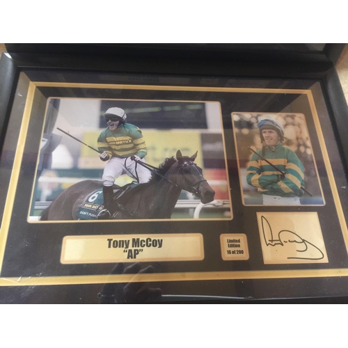 981 - A GROUP OF FRAMED HORSE RACING LIMITED EDITION SIGNED PHOTOS, RUBY WALSH, AP MCCOY AND LESTER PIGGOT... 