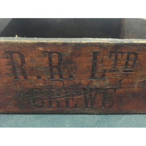 988 - TWO VINTAGE WOODEN STORAGE TRAYS / BOXES, R.R LTD, CREWE