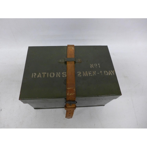 456 - A 1950'S TWO MAN RATION PACK METAL BOX WITH LEATHER STRAP