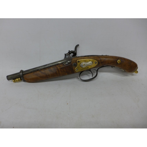 460 - A NON FIRING REPLICA PERCUSSION CAP PISTOL MADE FROM OLD PARTS, 20CM BARREL, LENGTH 40CM