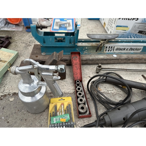 AN ASSORTMENT OF TOOLS TO INCLUDE A BLACK AND DECKER LATHE AND A